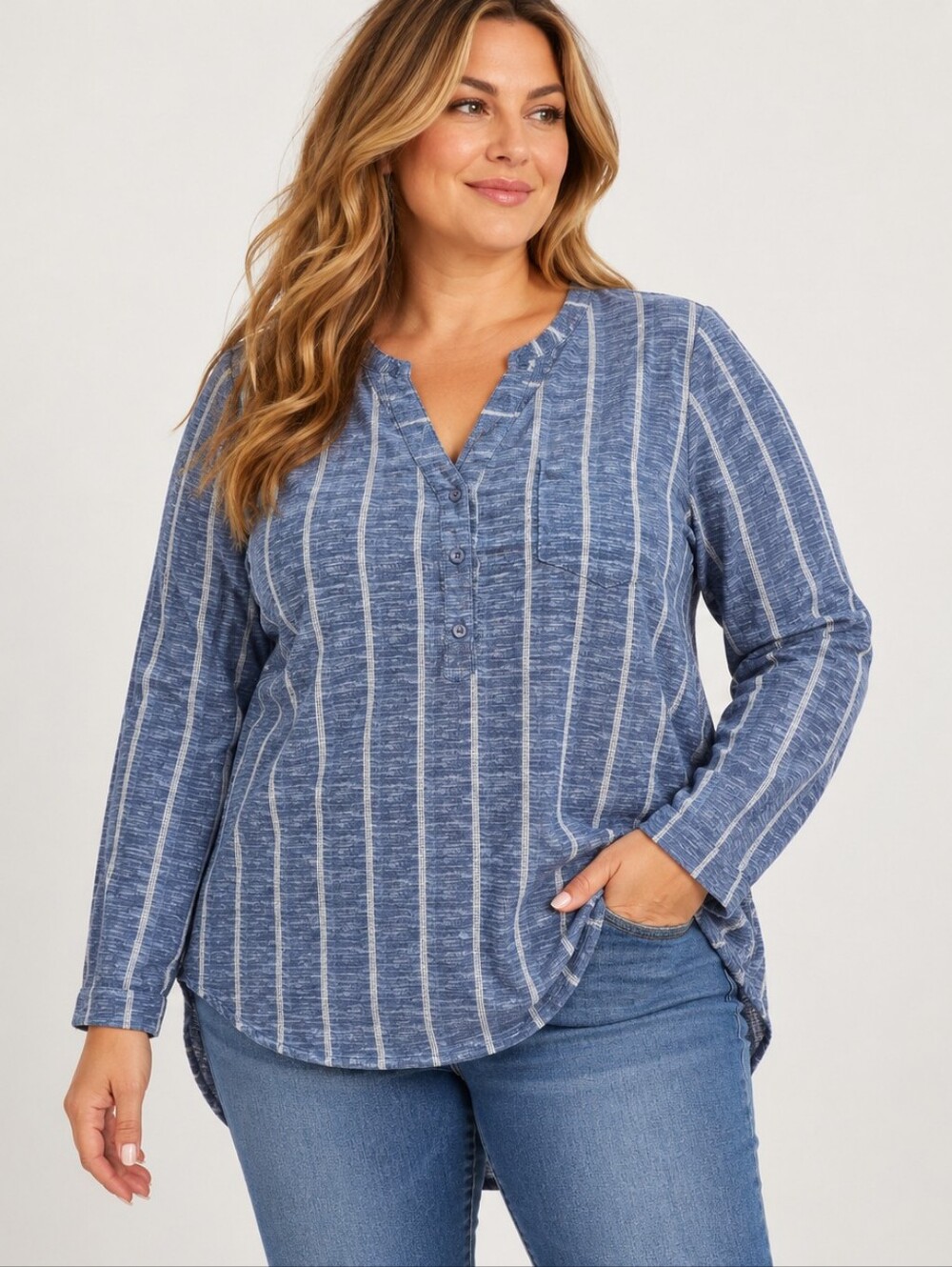 Striped Henley Hi-Lo Tunic Blouse Long Sleeve Top Plus 2XL Blue NWOT
